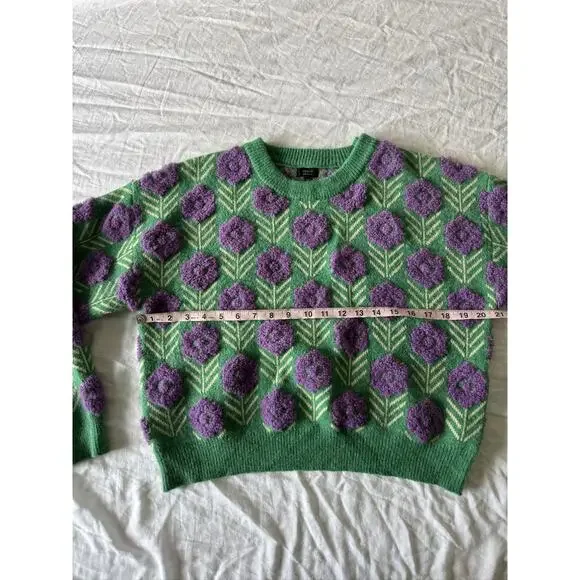 Green Purple Floral Knit Pullover Cottagecore Women's Sweater S/M - Picture 5 of 10